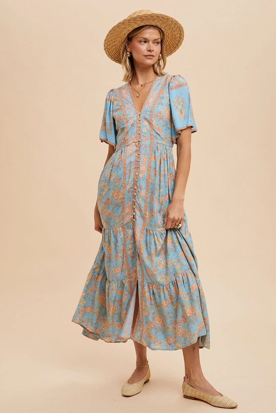 Women's Border Floral Button Front Midi Dress in Dusty Blue