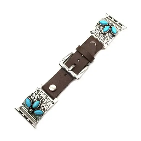 Western Etched Apple Watch Band with Turquoise Stones