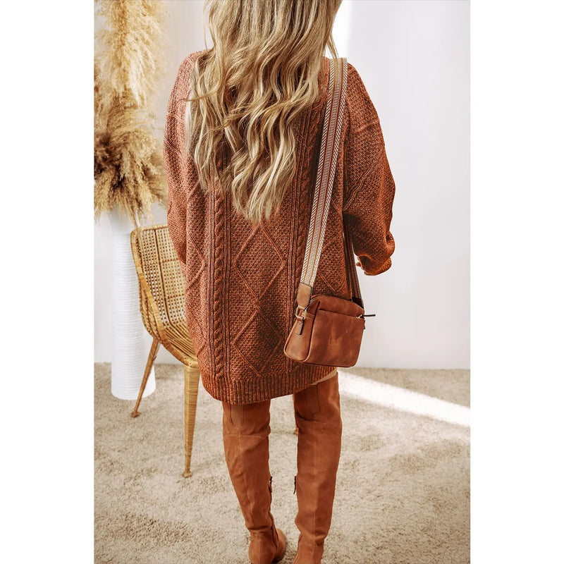 Women's Cable Knit Drop Shoulder Sweater Dress in Copper