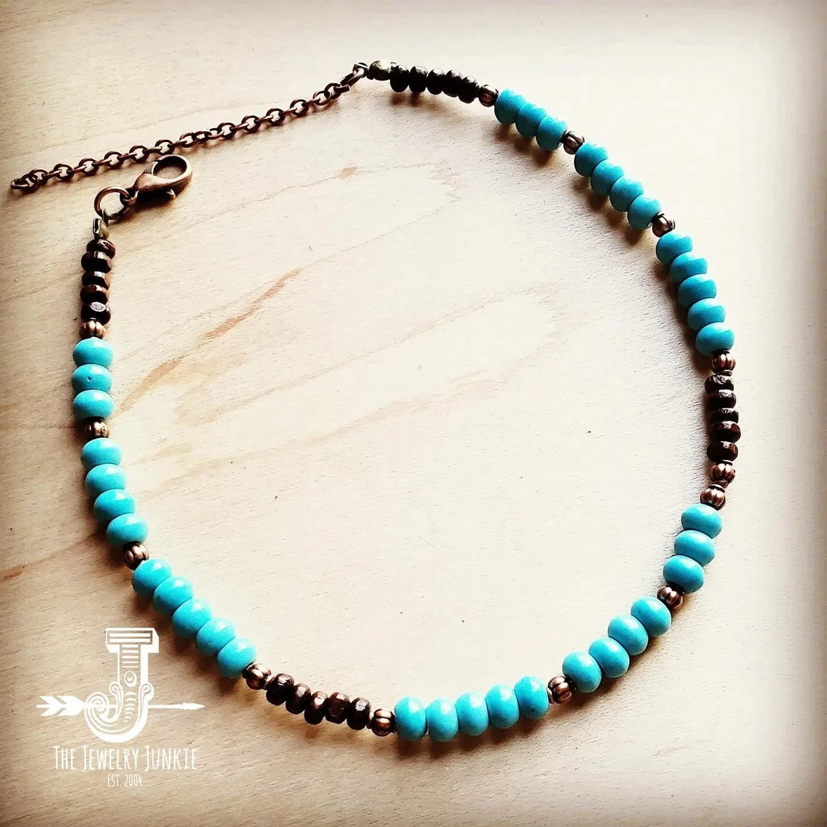 Turquoise, Wood, and Copper Beaded Choker