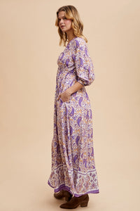 Women's V-Neck Floral Paisley Border Maxi Dress in Crocus Purple