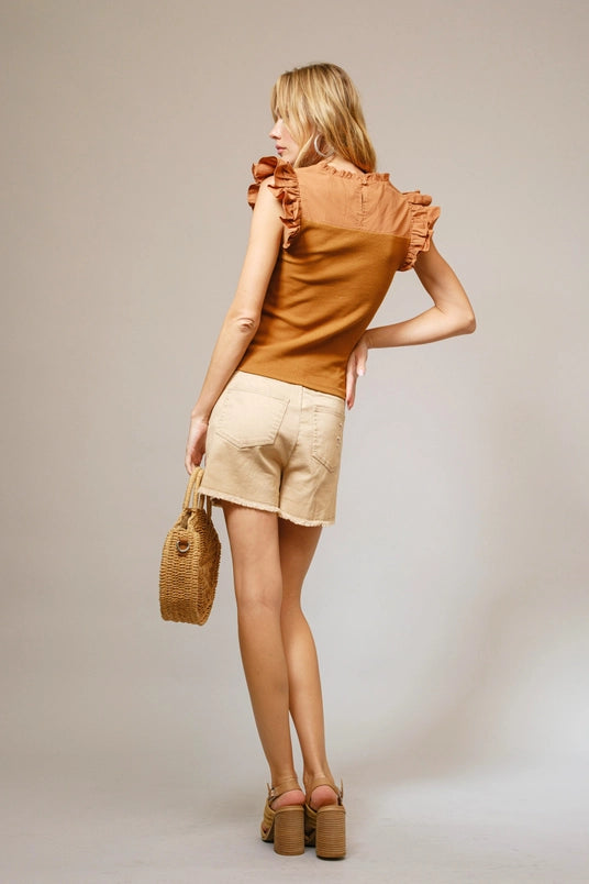 Women's Sleeveless Embroidered Ruffle Shoulder Fashion Top in Camel