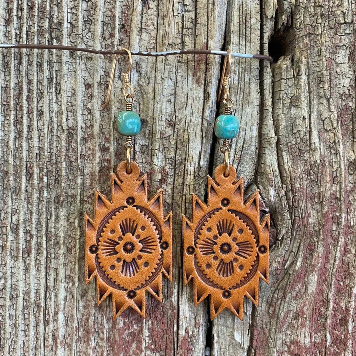 J Forks Stamped Leather Aztec Earrings (Multiple Colors Available)