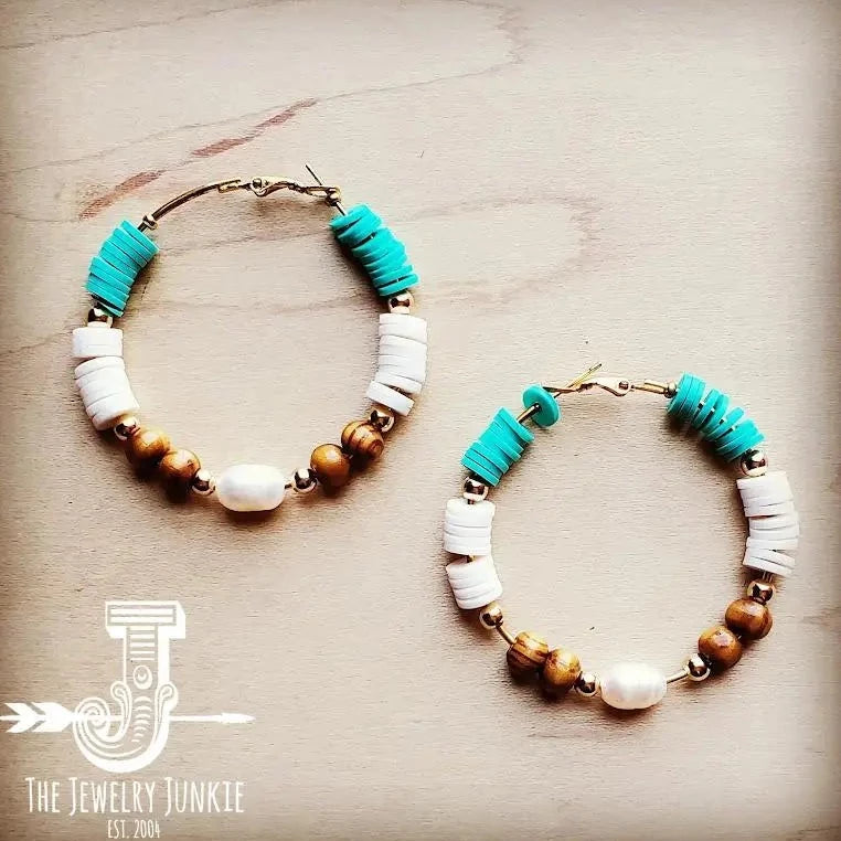 Turquoise, Wood, and Pearl Hoop Earrings