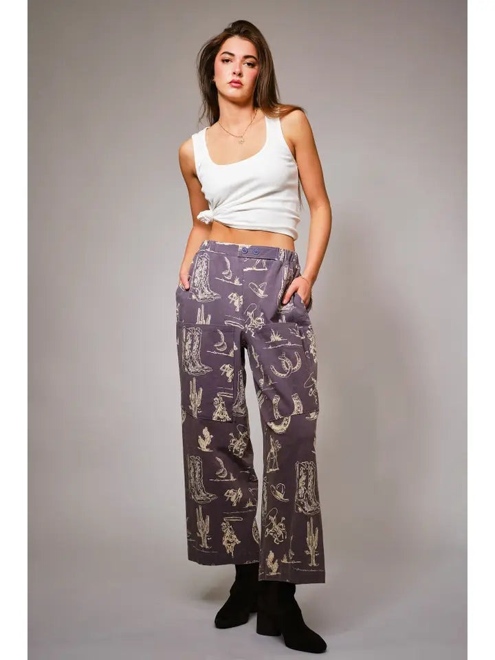 Women's Western Motif Wide Leg Cropped Pants in Washed Navy