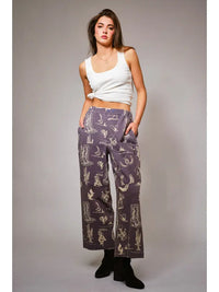 Women's Western Motif Wide Leg Cropped Pants in Washed Navy
