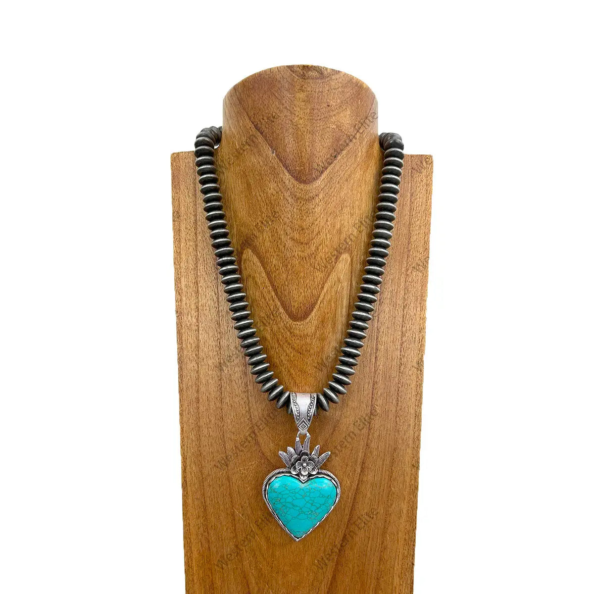 21" Navajo Inspired Rondelle Bead Necklace with Turquoise Heart Pendant