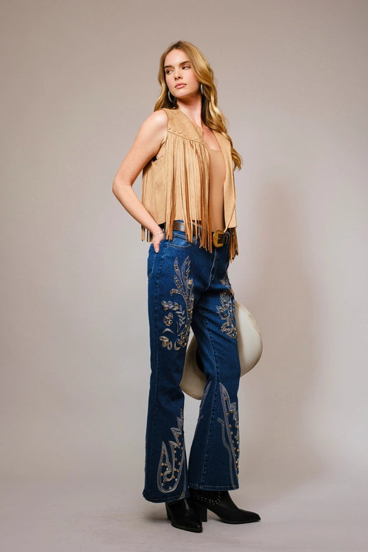 Women's Western Fringe Suede Vest in Camel