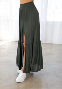 Women's Bohemian Tiered Maxi Skirt in Military Green