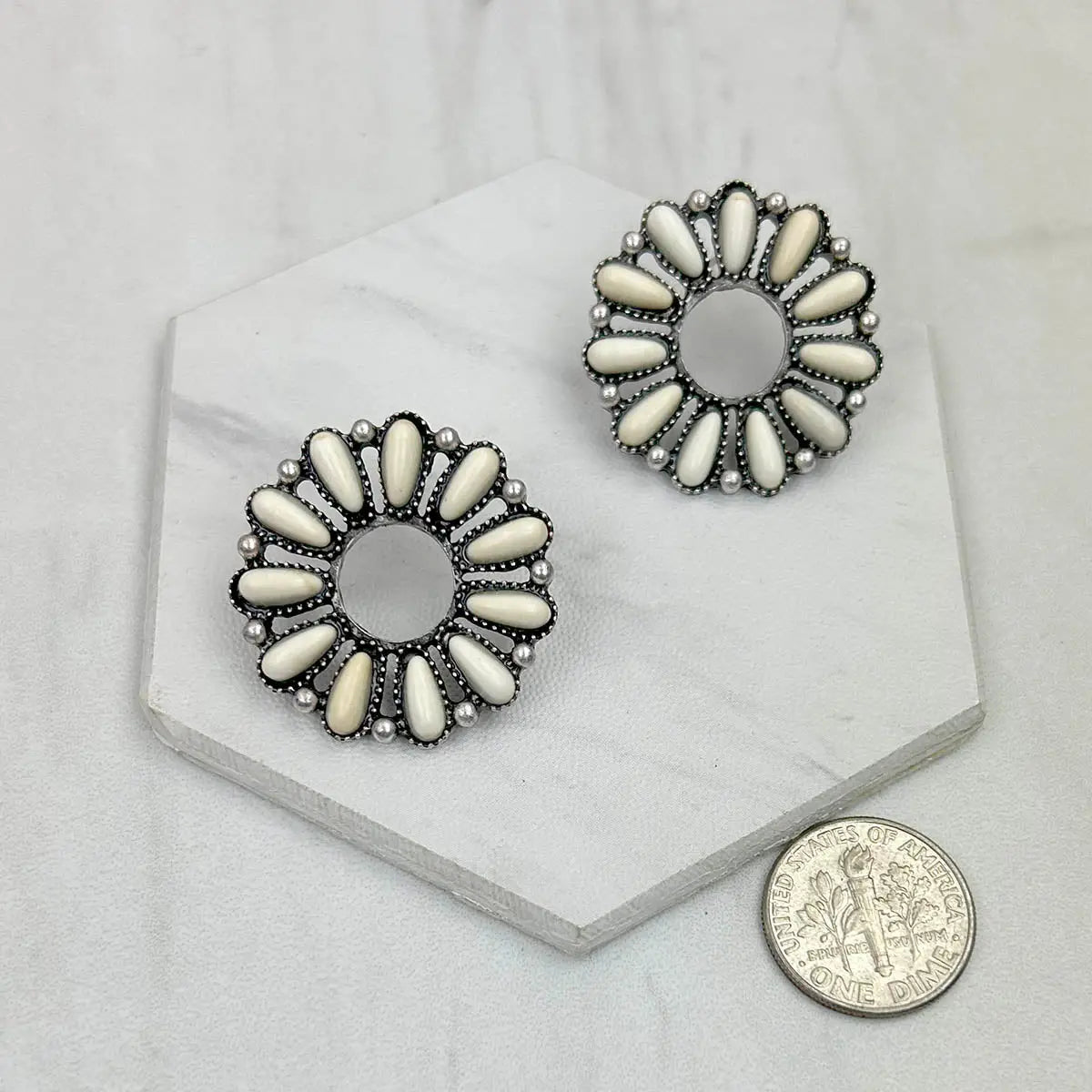 Antique Silver & Stone Floral Concho Earrings (2 Colors Available)