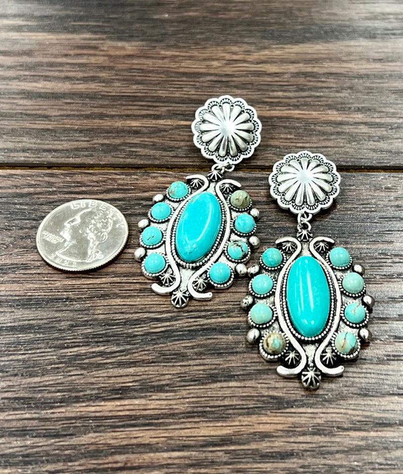 2.5" Double Concho with Turquoise Stones Post Earrings