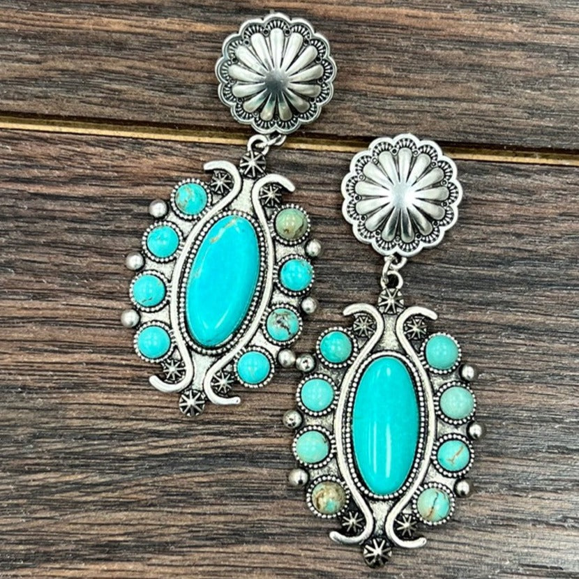 2.5" Double Concho with Turquoise Stones Post Earrings