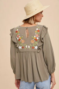 Women's Quarter Sleeve Floral Embroidered Ruffle Shoulder Blouse in Olive