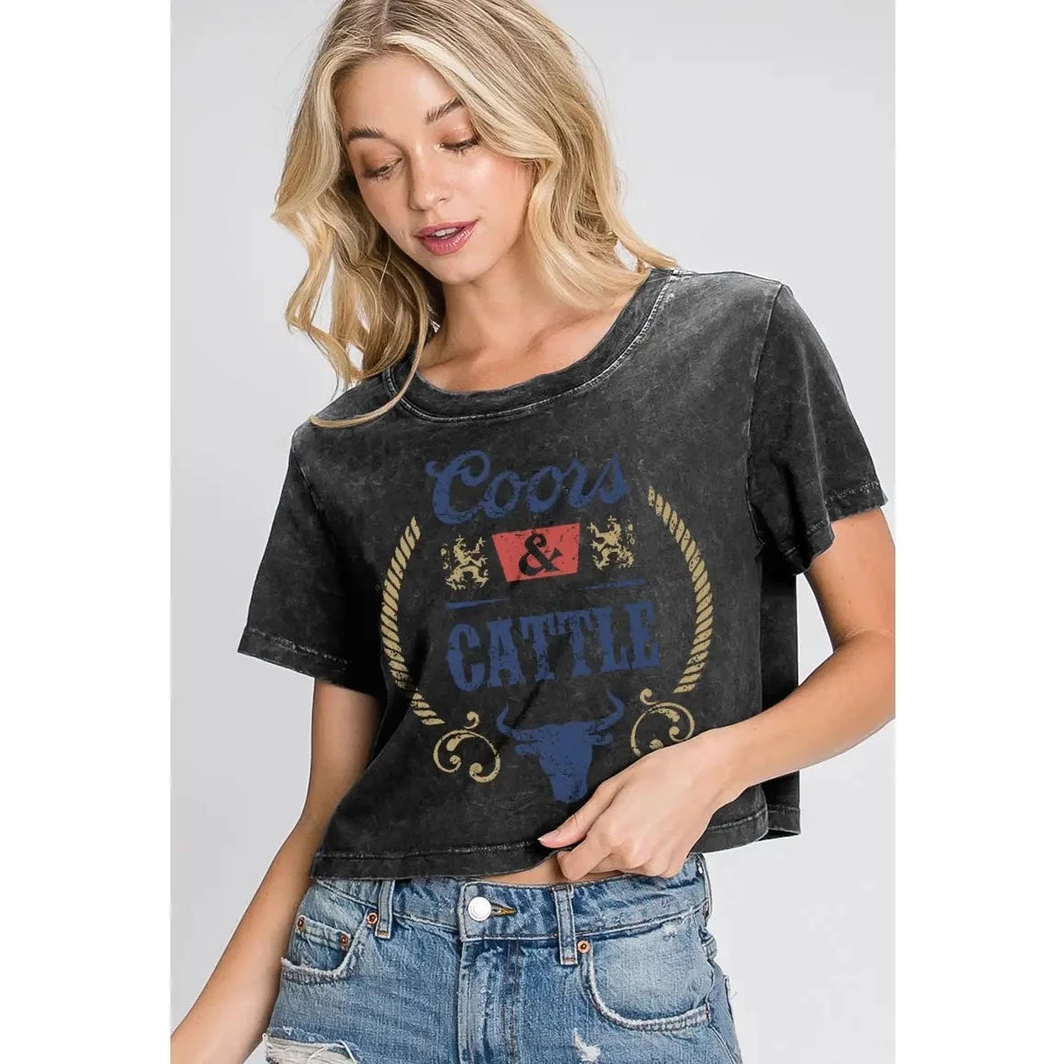 Women's "Coors & Cattle" Mineral Washed Crop Tee