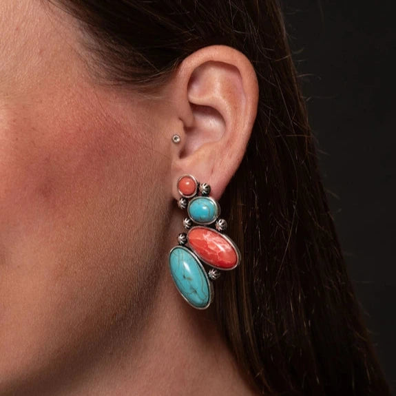 West & Co. Turquoise & Coral Descending Silver Drop Earrings