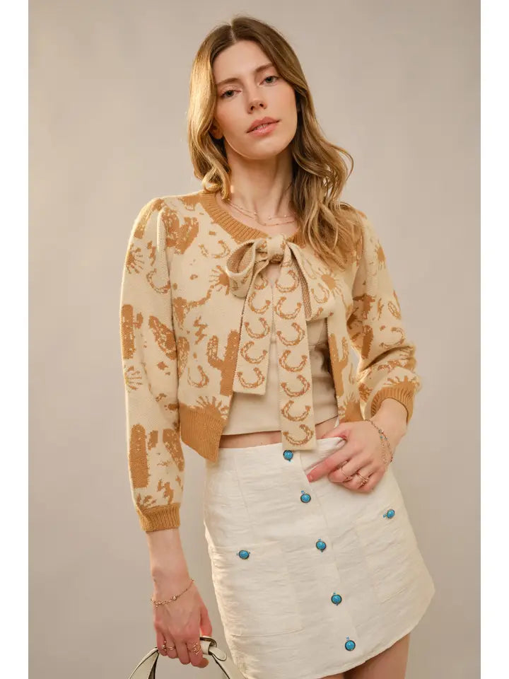 Women's Western Motif Tie Front Cardigan in Taupe