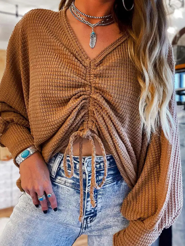 Women's Drawstring Waffle Knit Blouse in Brown