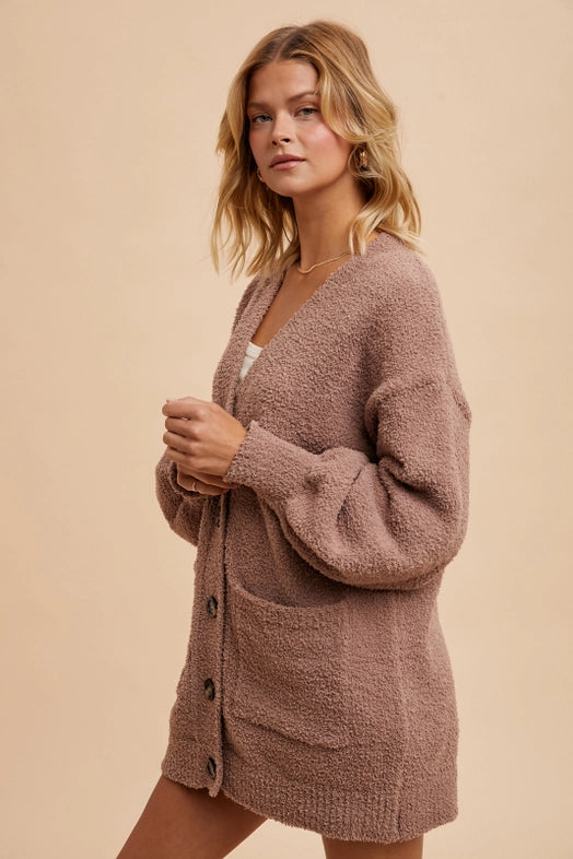 Women's Button Front Chenille Cardigan in Taupe