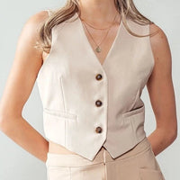 Women's Casual Button Front Cropped Vest in Beige