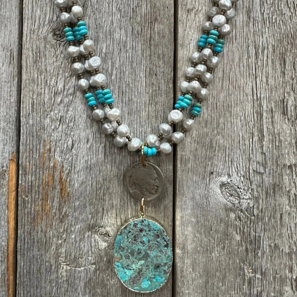 J Forks Silver Pearl & Genuine Turquoise Necklace