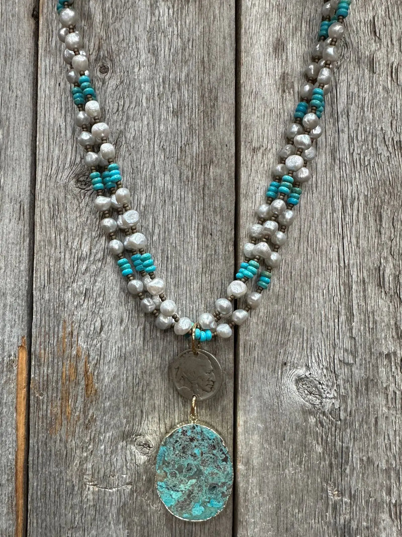 J Forks Silver Pearl & Genuine Turquoise Necklace