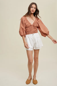 Women's Cropped Ruched Deep V-Neck Blouse in Clay