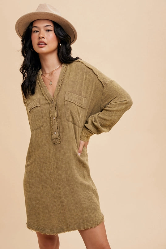 Women's Cotton Muslin Shirt Dress in Olive Green