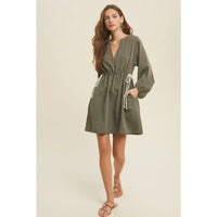 Women's L/S Casual Drawstring Waisted Mini Dress in Olive Green