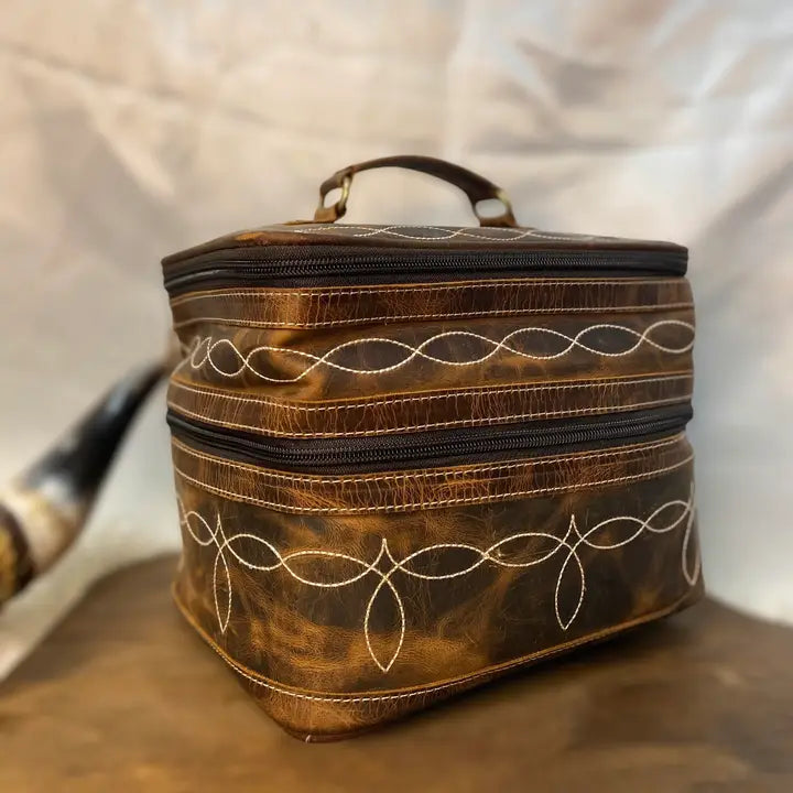 Rustic Genuine Leather Boot Stitch Train Case