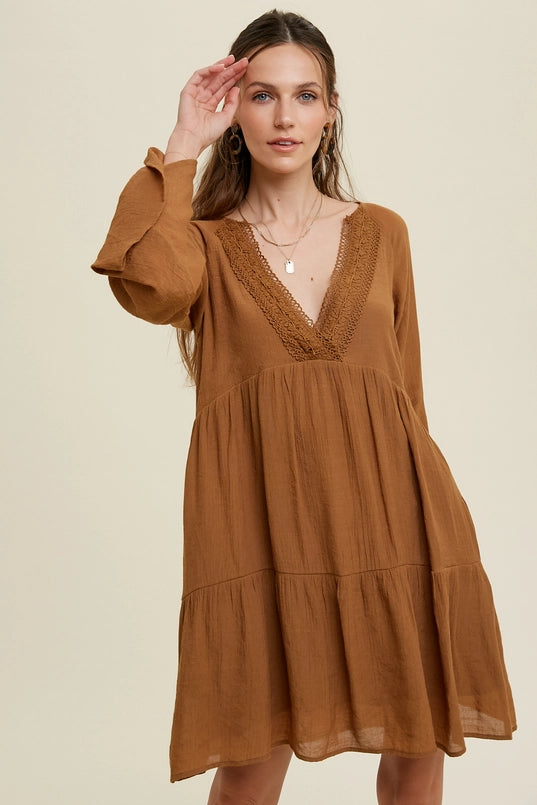 Women's Solid Long Bell Sleeve Tiered Mini Dress in Golden Brown Women's Solid Long Bell Sleeve Tiered Mini Dress in Golden Brown