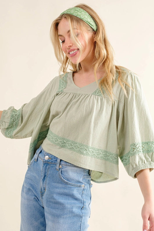 Women's Lace Accented V-Neck Blouse in Sage