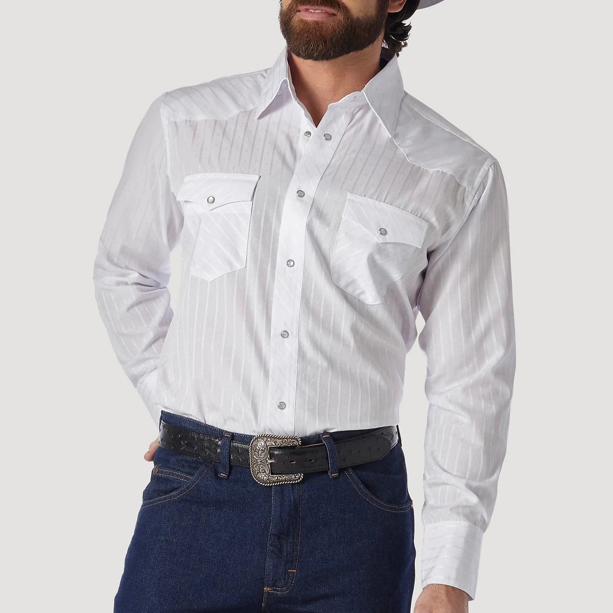 Wrangler Western Men's Dobby Stripe Western Snap Shirt in White