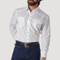 Wrangler Western Men's Dobby Stripe Western Snap Shirt in White