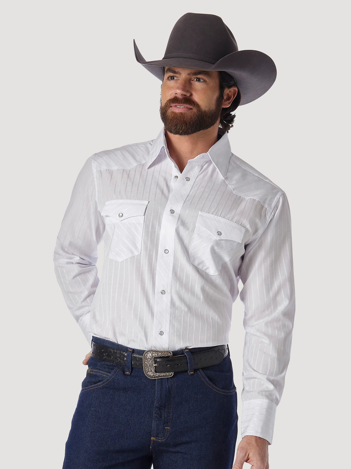 Wrangler Western Men's Dobby Stripe Western Snap Shirt in White