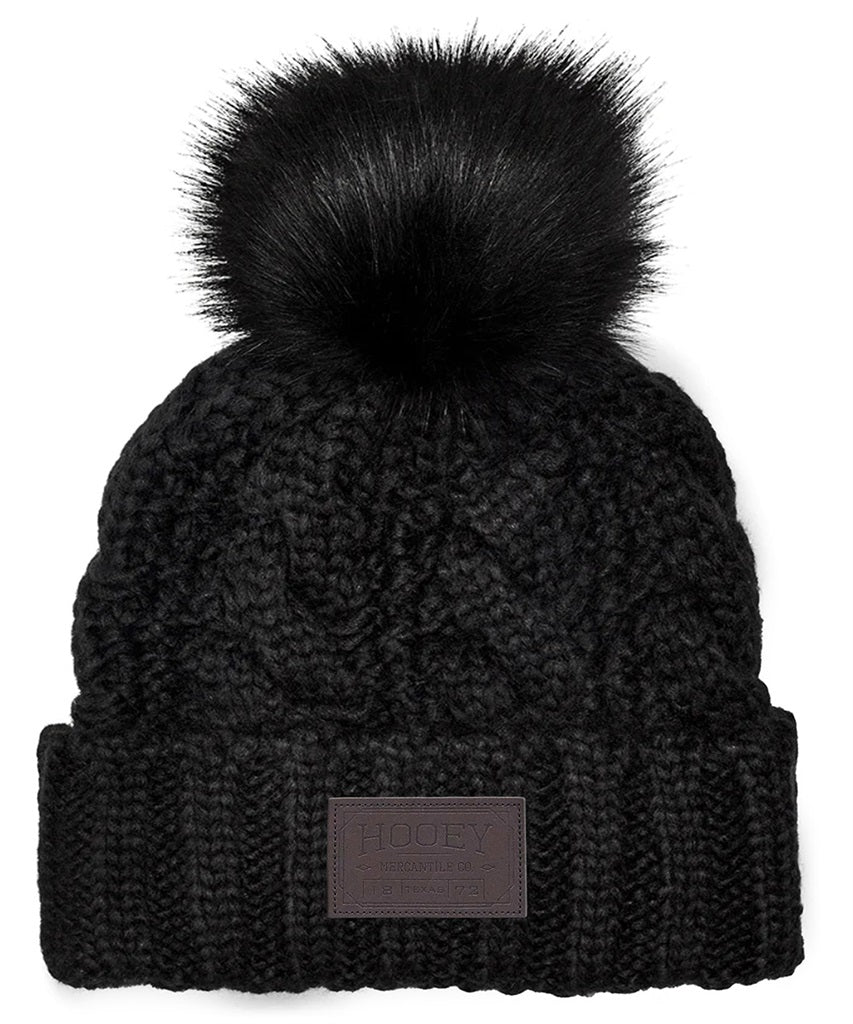 Hooey Logo Patch Pom-Pom Beanie in Black