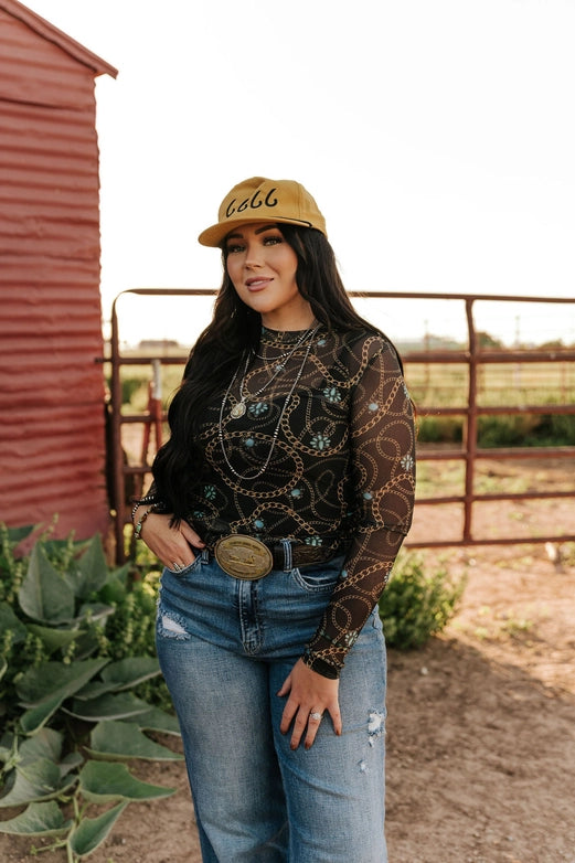 Women's L/S Gold Chain and Turquoise Mesh Top in Black