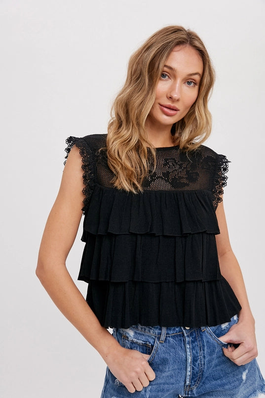 Women's Sleeveless Tiered Ruffle Babydoll Fashion Top in Black