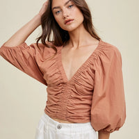 Women's Cropped Ruched Deep V-Neck Blouse in Clay