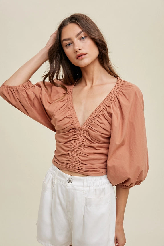 Women's Cropped Ruched Deep V-Neck Blouse in Clay