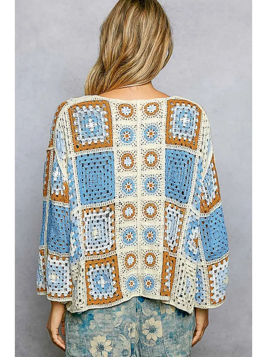 Women's Front Tie Crochet Cardigan in Blue Multi