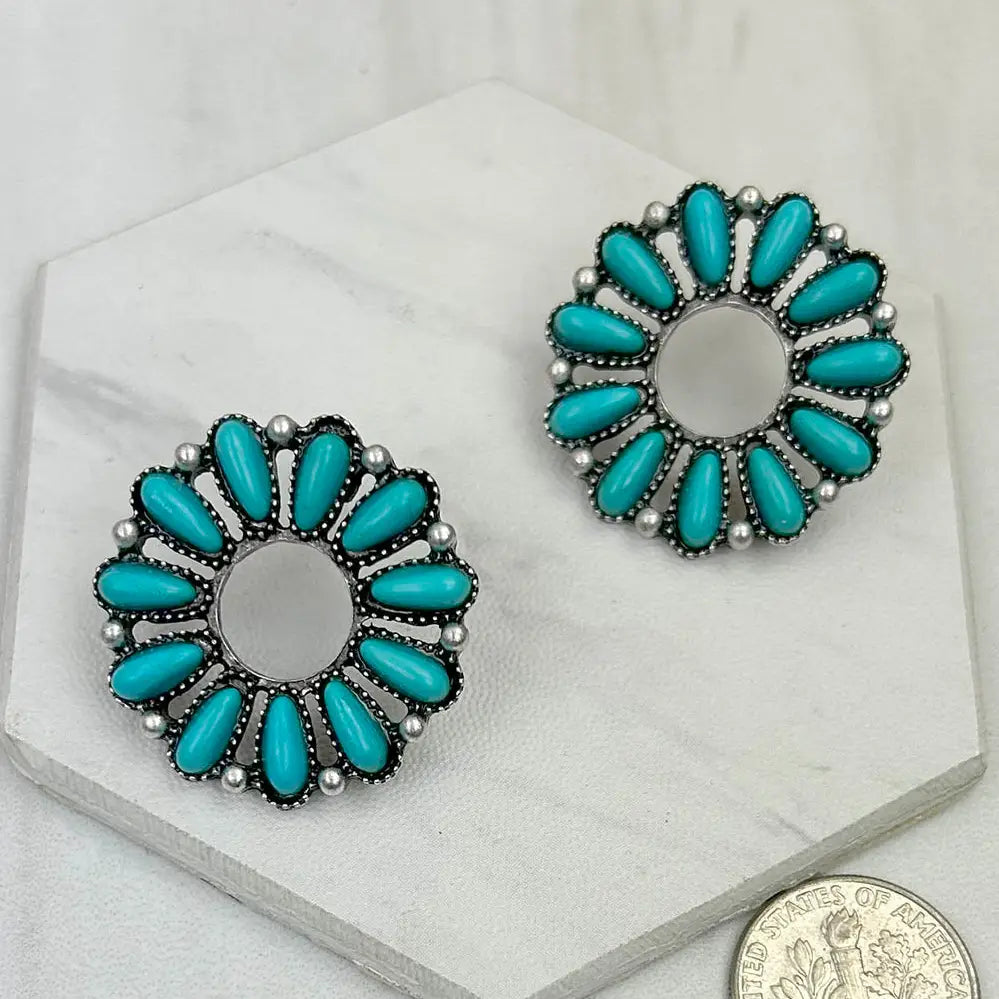 Antique Silver & Stone Floral Concho Earrings (2 Colors Available)
