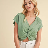 Women's Twist Front Cropped Cap Sleeve Blouse in Green