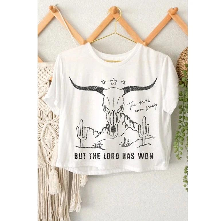 Women's "Lord Has Won" Graphic Cropped Tee in White
