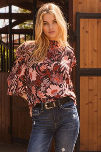 Women's Long Sleeve Floral Boho Blouse in Black (Available in Plus Sizes)