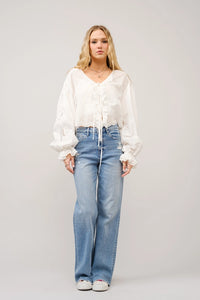 Women's L/S Tie Front Eyelet Embroidered Cropped Blouse in White