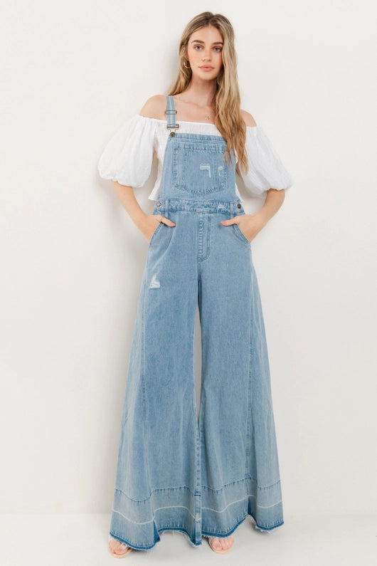 Women's Distressed Wide Leg Denim Overalls in Light Wash Branded Country Wear Women's Distressed Wide Leg Denim Overalls in Light Wash Branded Country Wear