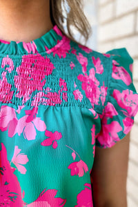 Women's Sleeveless Floral Smocked Ruffled Blouse in Green (Available in Regular & Plus Sizes