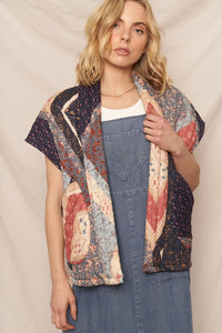 Women's Oversized Open Front Quilted Vest in Multi Print