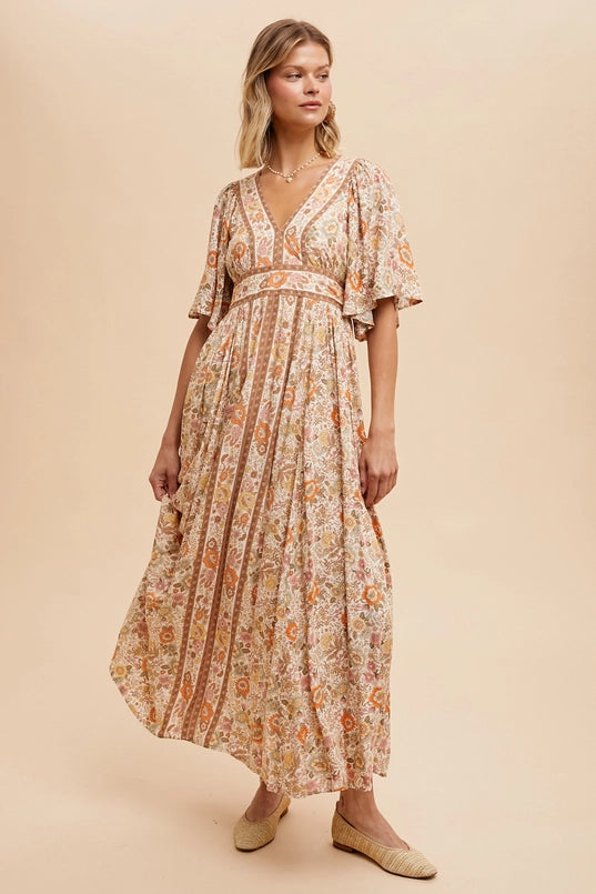 Women's Flutter Sleeve Border Floral Maxi Dress in Vintage Cream