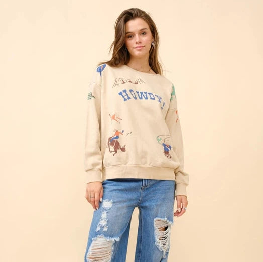 Women's Howdy Western Graphic Sweatshirt in Taupe